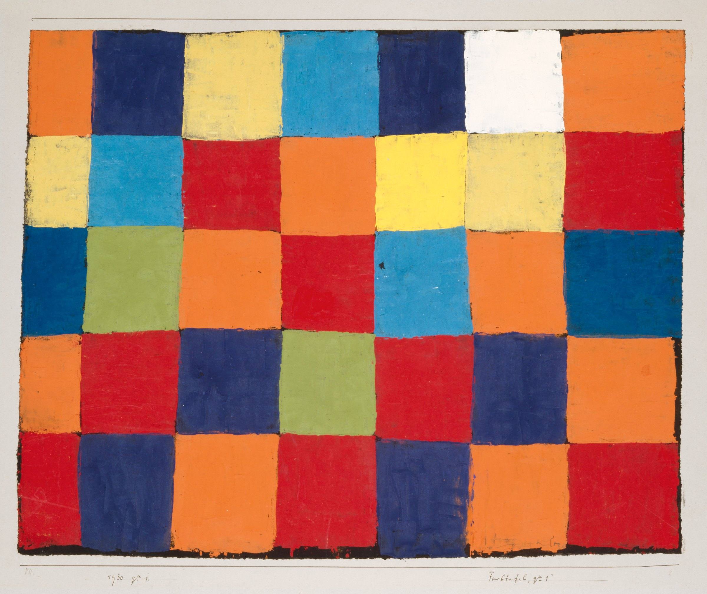 Farbtafel (Qu 1), de Paul Klee: uma grade de quadrados pintados em laranja, azul, amarelo, verde e vermelho.