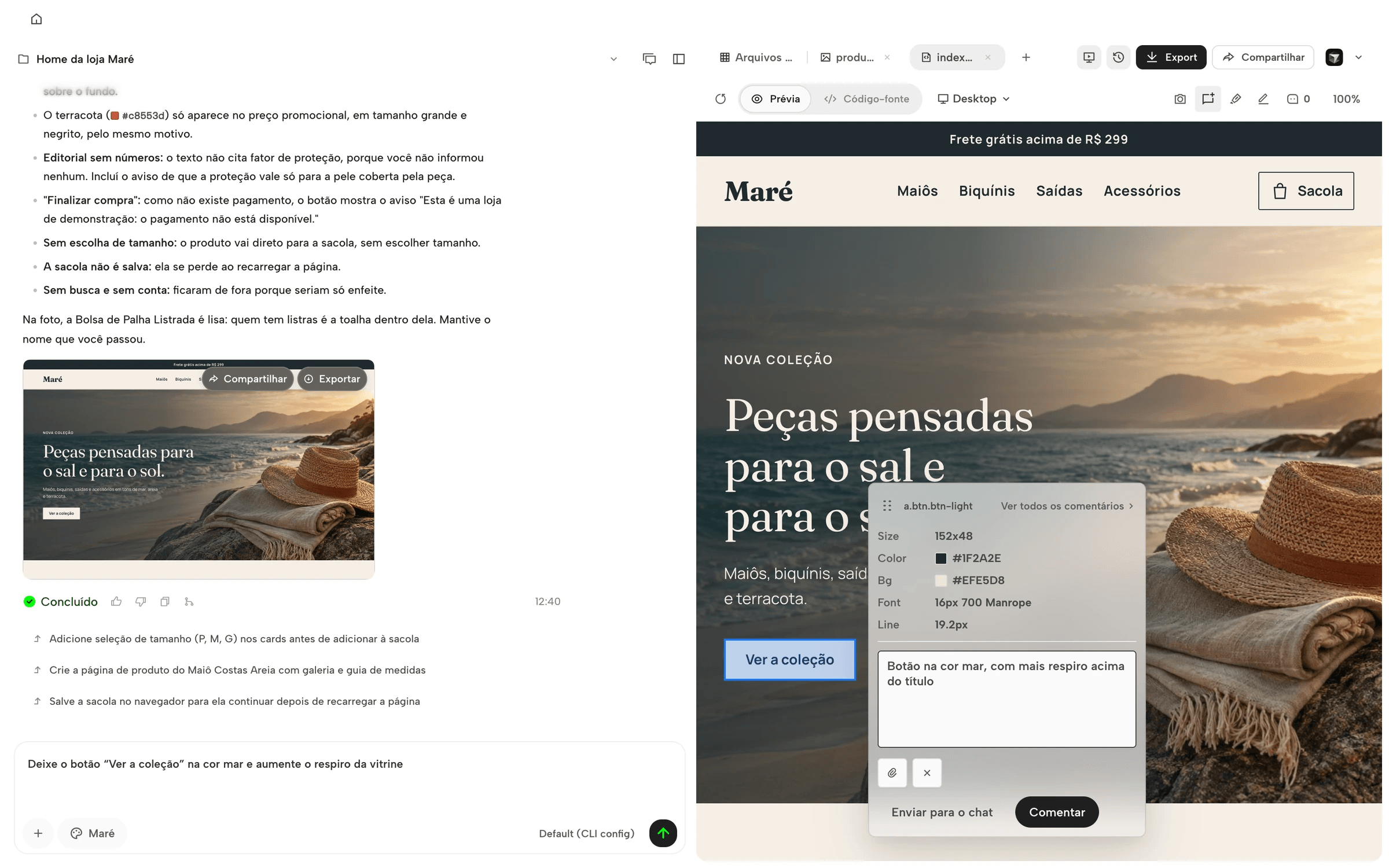 Prévia da home da Maré no Klee com o botão “Ver a coleção” selecionado: o inspetor mostra tamanho, cor e fonte, e há um comentário pedindo o botão na cor mar.