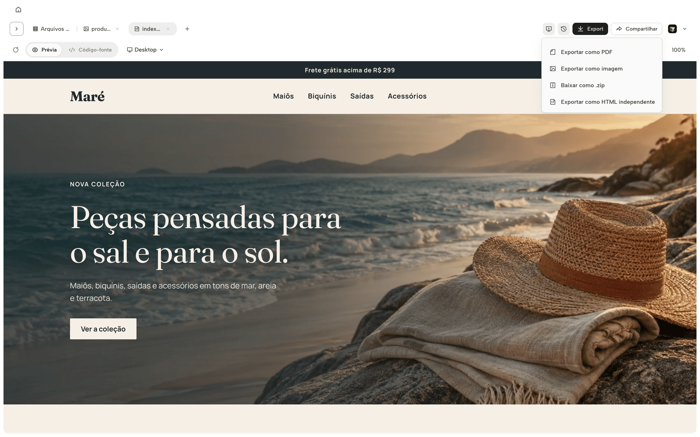 Menu Export do Klee aberto sobre a home da Maré, com as opções PDF, imagem, .zip e HTML independente.